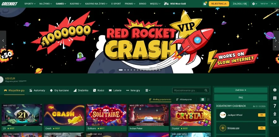 Sekcja Games: Red Rocket Crash, Crash, 21, Solitaire, Burning Hot i Crash Point